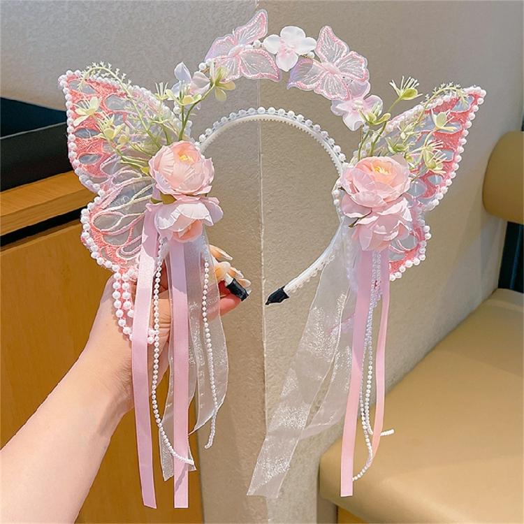 Pearls Headband Butterfly Ribbon Pageant Prom for School Play Stage Props