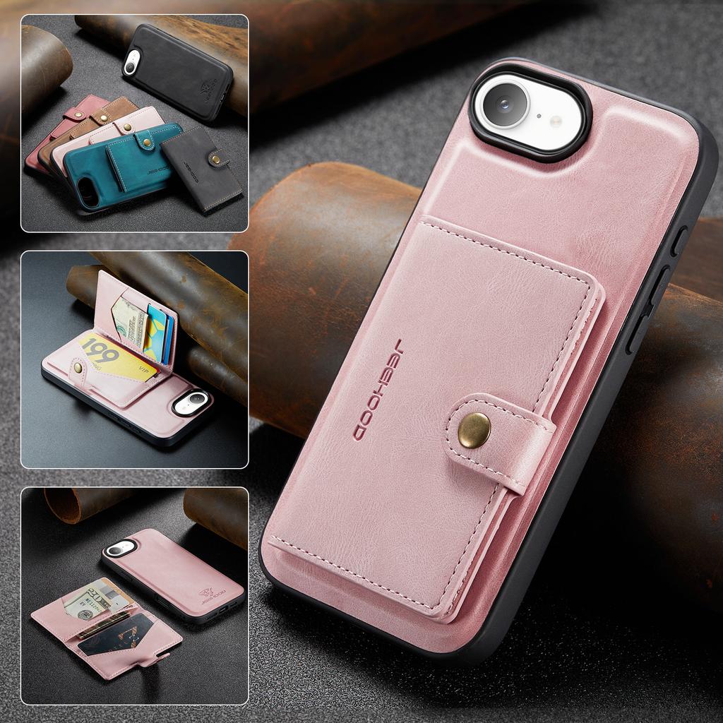 For iPhone 16e Case JEEHOOD J01 Retro Leather Phone Back Cover with Detachable Magnetic Card Holder