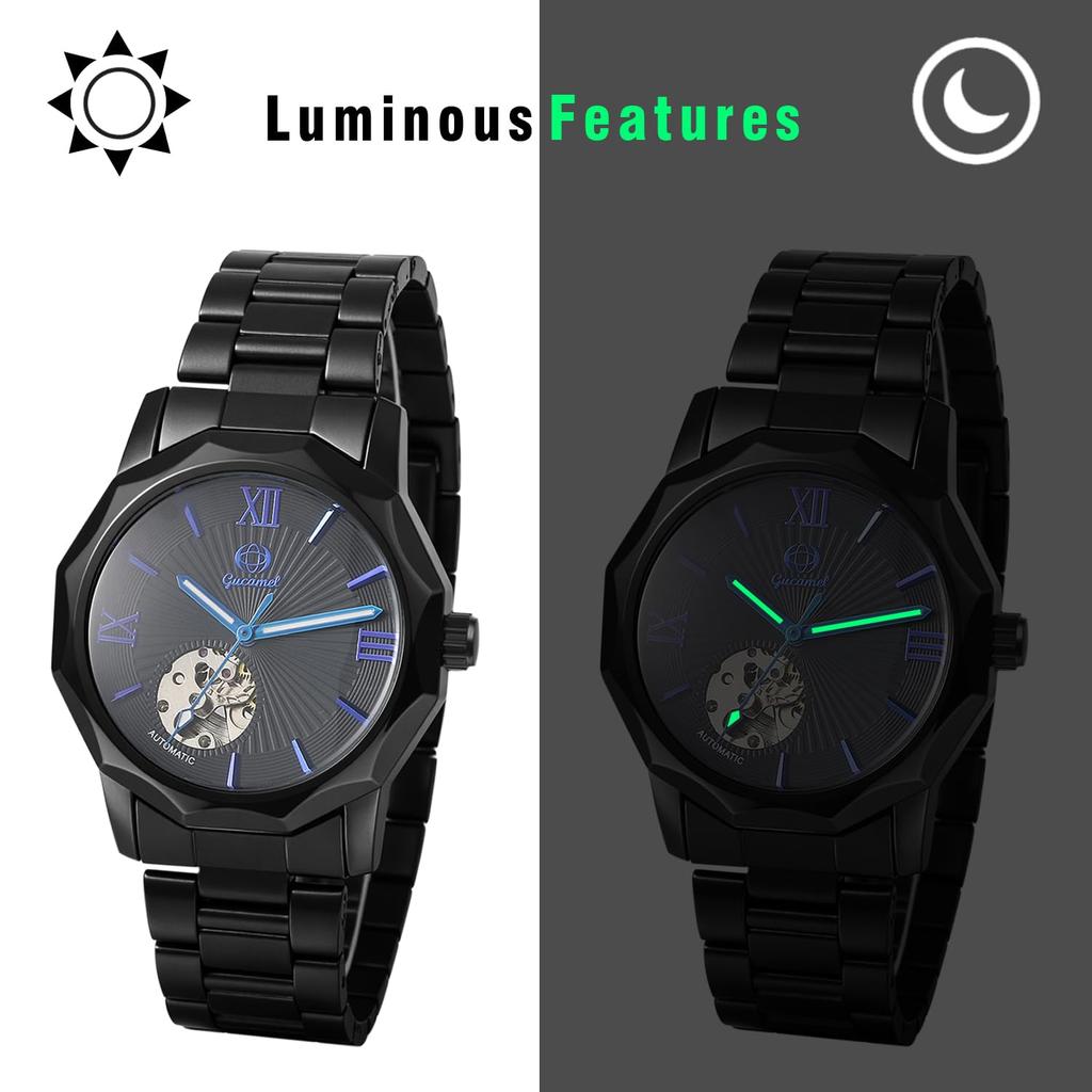 Men's Automatic Mechanical Watch Roman Analog Display Luminous Waterproof Stainless Steel Band Skeleton Watch Casual Business Silver Black -