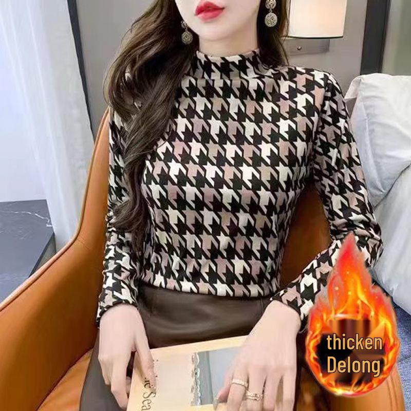 Velvet Semi-High Neck Warm Long Sleeve Women's Slimming Top for Autumn/Winter