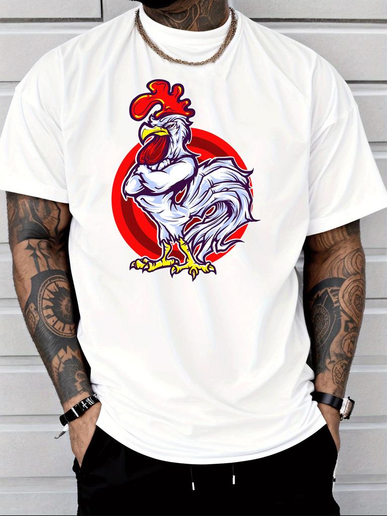 Unisex Black Crew Neck Tee Tough Rooster Circle Graphic Print Loose Oversized Short Sleeve Unisexs Streetwear Summer Casual Basic Top