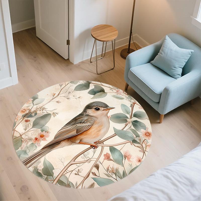 Bird on Tree Branch,Round Area Rug,Carpet Rug for Living Room Bedroom Sofa Playroom Decor,Non-slip Floor Mat