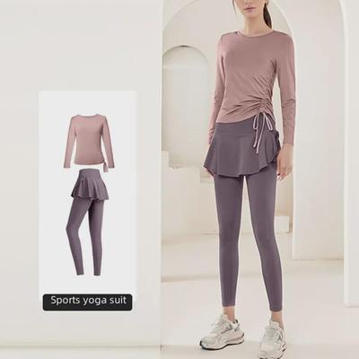 Dvoudílná dámská jógová sukně: Sportovní top s dlouhým rukávem pro běh, fitness a pilates