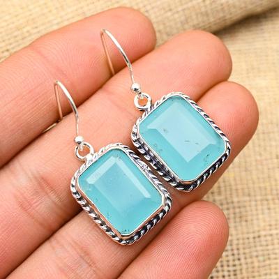 Beauteous Blue Chalcedony Gemstone Handmade 925 Solid Sterling Silver Jewelry Pretty Earrings