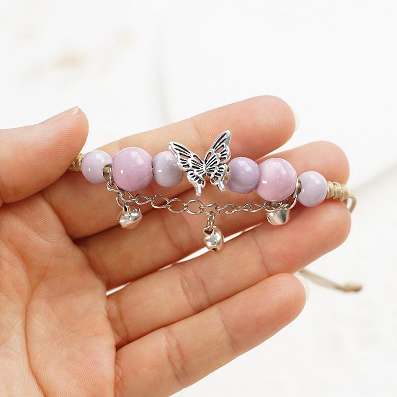 Bracelet Papillon Coloré en Céramique Fait Main Bracelet à Cordon Tressé Réglable Doux Accessoires de Mode Uniques Cadeaux