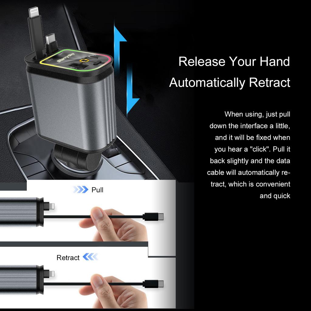 Car Chargers with LED Lights 4 In 1 Retractable Car Charging Device with USB and Type C Port Fast Car Chargers