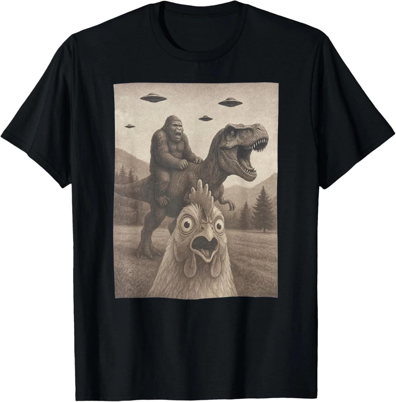Funny Chicken, Chicken Selfie Bigfoot Riding T rex Fu Unisex T-Shirt S разноцветный