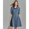 Women's Demana Lapel Puff-Sleeve Pleated Denim Dress