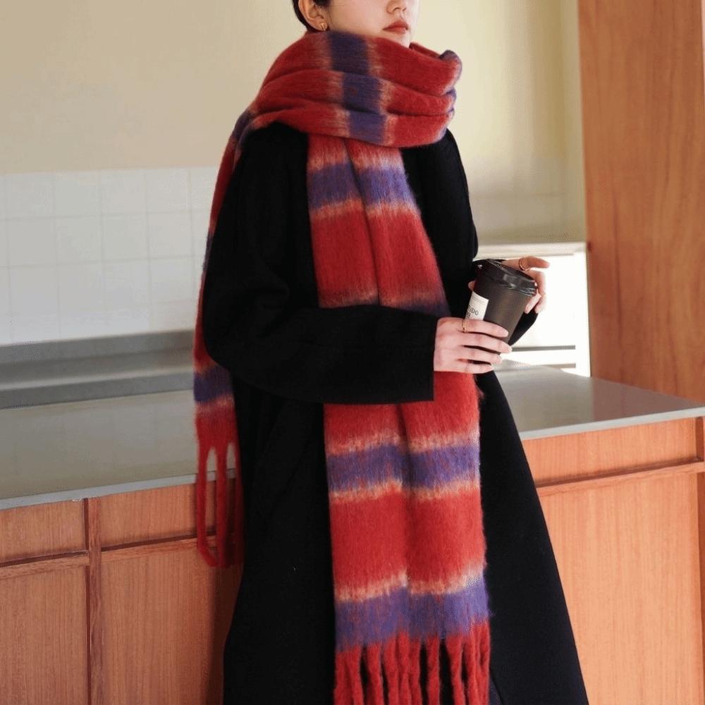 Long Stripe Wool Scarf Plush Women Cape Classic Warm Wraps Autumn