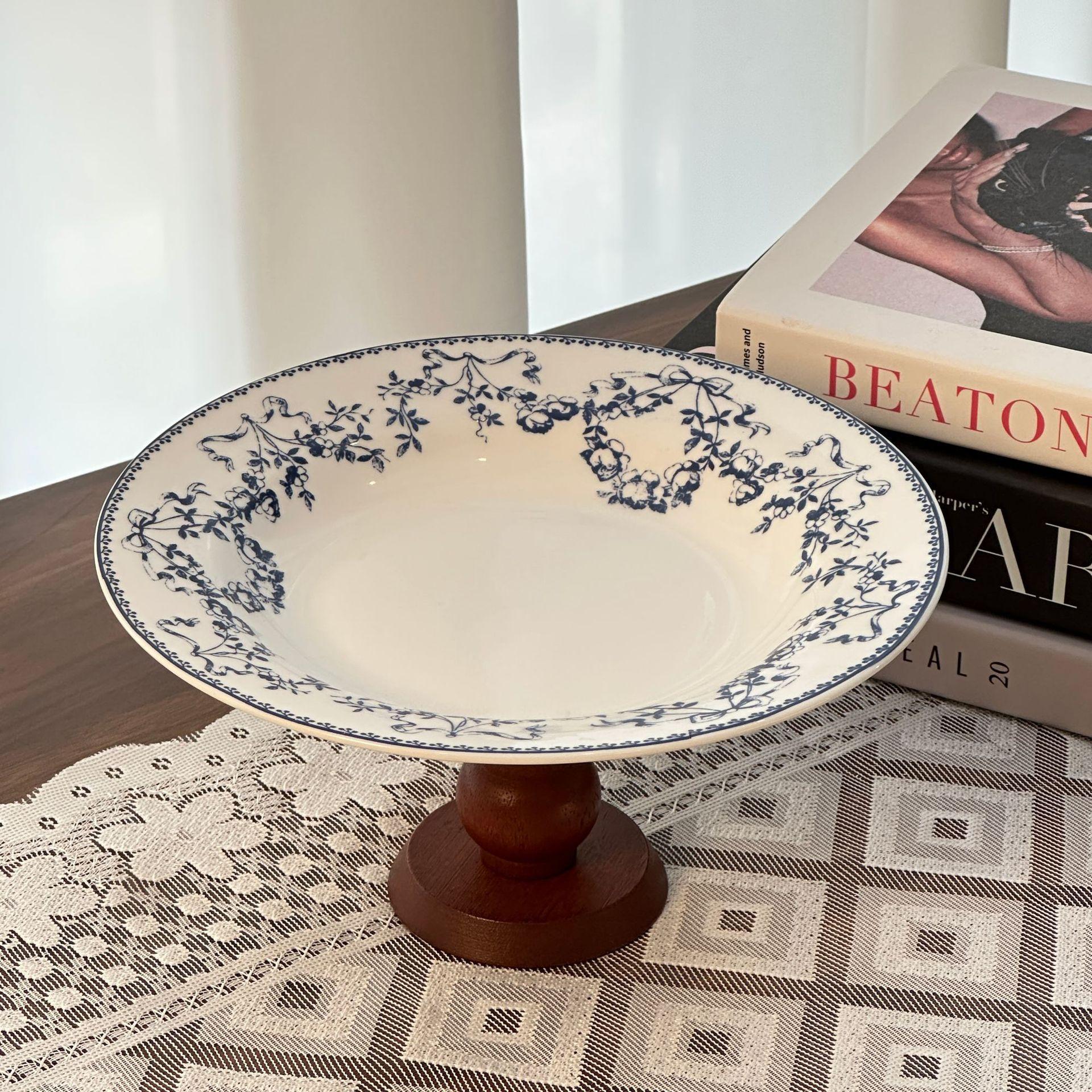 

BRCeramic High-sided Round Plate Ceramic Plate Tableware Chinese-style Retro High-legged Bowl Storage Tray Kitchen OrganizerEY