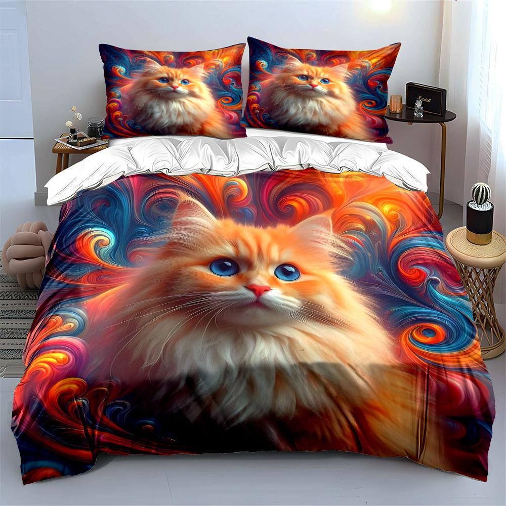Fluffy Cat With Vibrant Swirls Duvet Cover Set With 3D Printing Design Soft Polyester Bedding Set All-Season Comfort