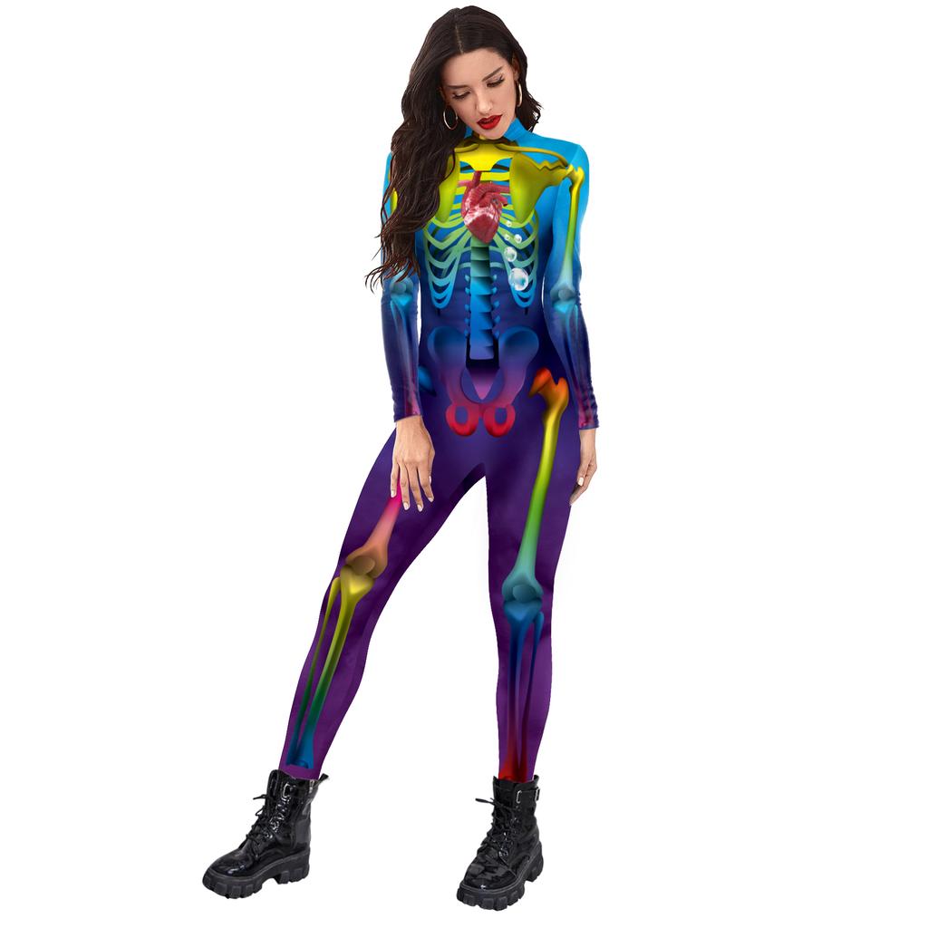 Strašidelný kostlivý tištěný kostlivý oblek Halloween Party Cosplay kostým pro dospělé Kombinéza Zentai Catsuit Karnevalové oblečení