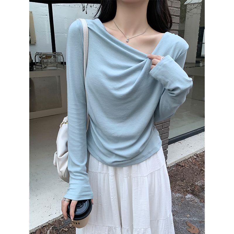 Spring and Autumn Gentle Style Slim Long Sleeve T-Shirt Women's Irregular Twist Slim Top