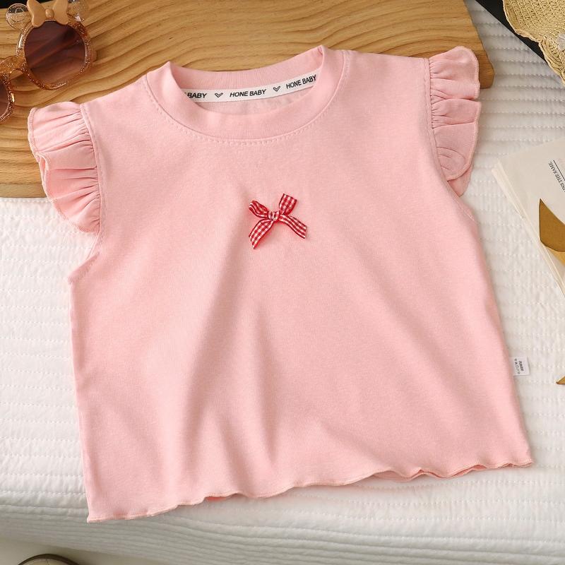 Toddler Flying Sleeve Top Summer Cotton Bow T-Shirts Casual Crewneck Vest Tops Basic Blouse Girls Clothes