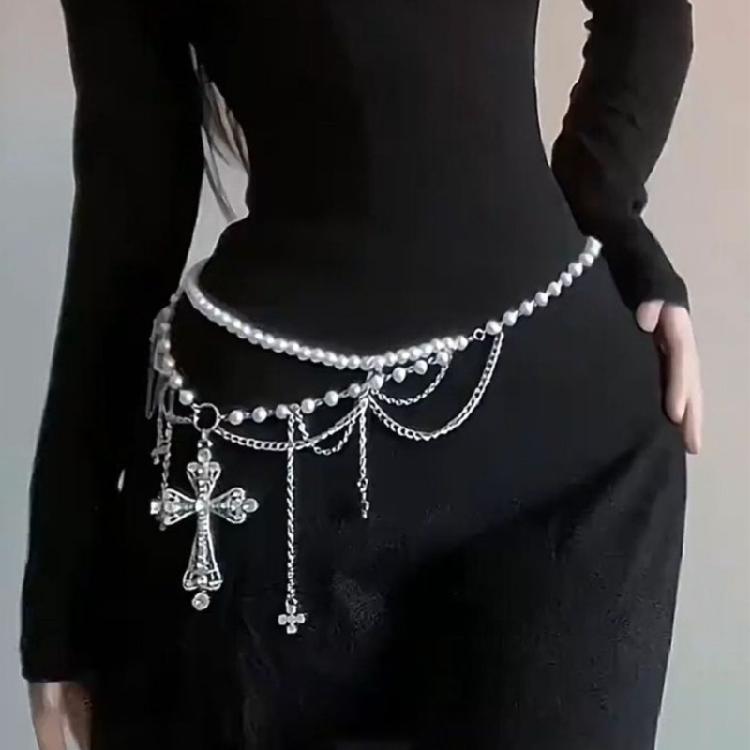 2000s Gothic Waist Belt Multi Layered Chain Pearls Chain Crosses Design For Edgy Outfits
