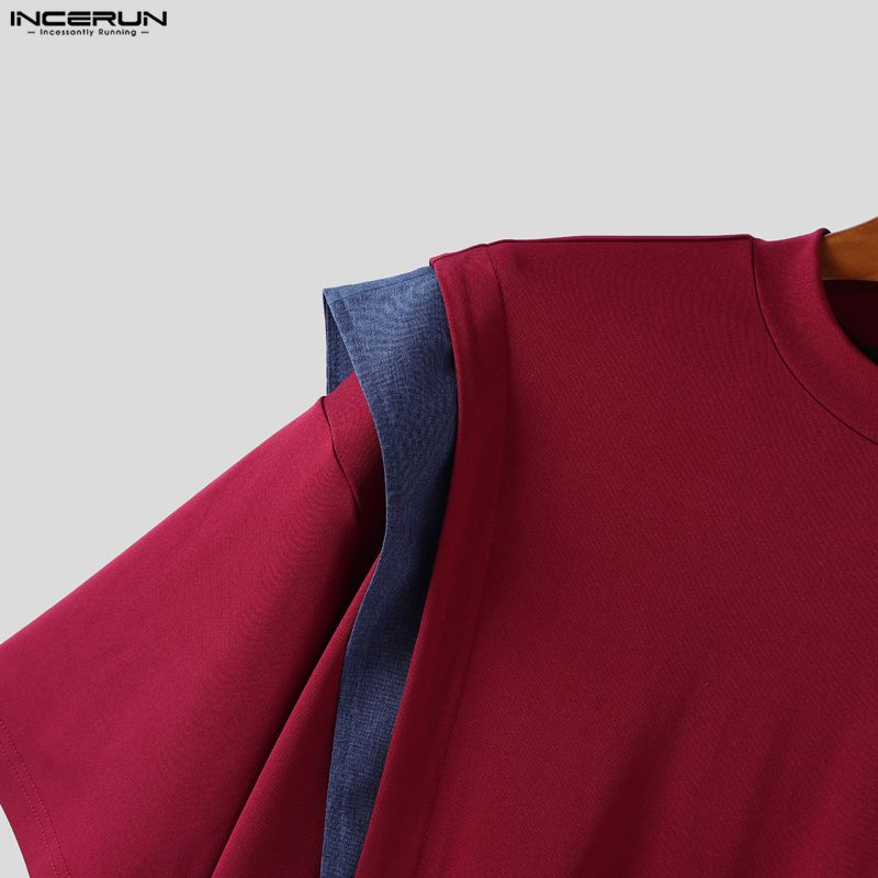 INCERUN Men Round Neck Short Sleeve Patchwork Oversized T-Shirts Tops