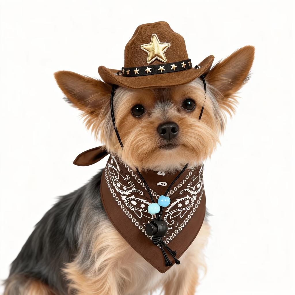 2Pcs Western Cowboy Pet Costume Set Machine Washable Adjustable‑Strap Hat  Retro Brown Bandana For Small Medium Dogs Puppies Kit