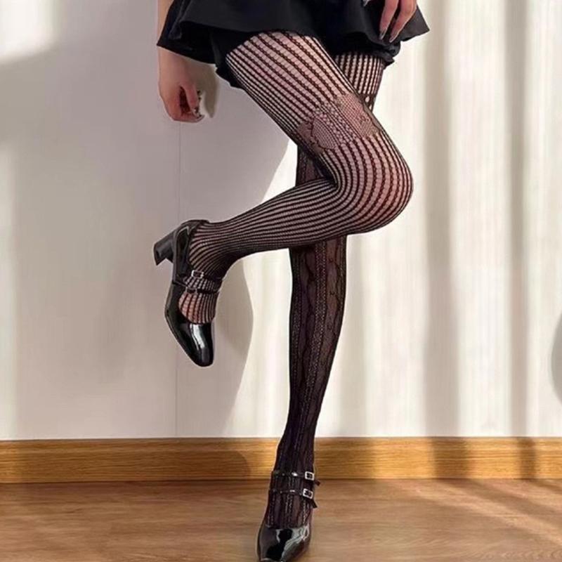 Women's Aesthetic Irregular Fishnet Tights Hollowed Mesh Stockings Heart Striped Patterned Lace Sheer Pantyhose Lingerie