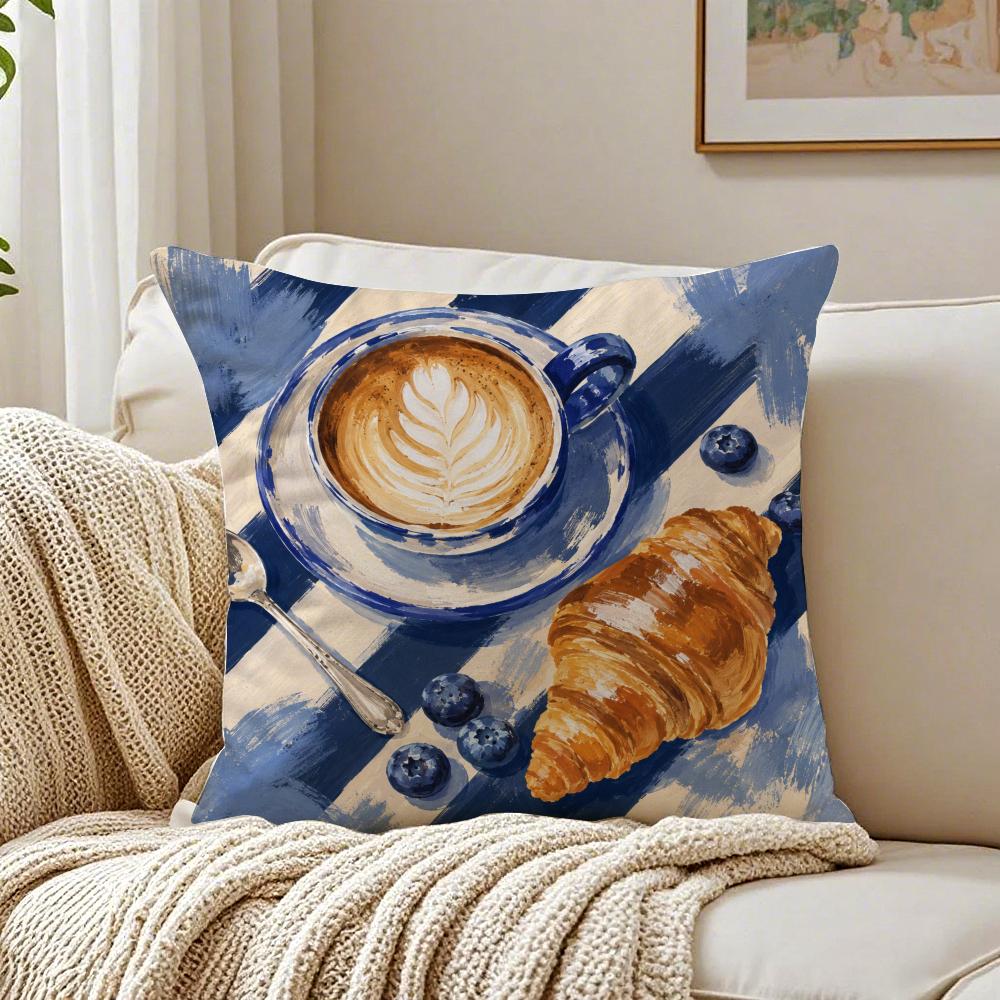 Gouache Painting Picnic Coffee Food Cushion Cover Breathable Cushion Covers Machine Washable Wrinkle-Resistant Soft Durable