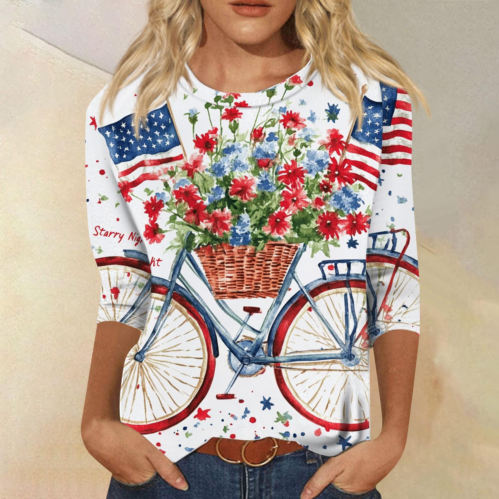 

Women s Fashion Casual 3/4 Sleeve Independence Day Printed Round Neck Pullover Top XXXL білий