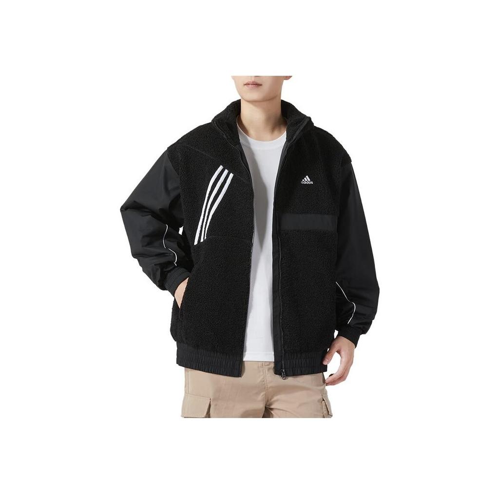 Adidas Einfarbiges Spleißstoff-Design Stehkragen Reißverschluss Lässige Fleecejacke Herrenjacken Schwarz IK5110