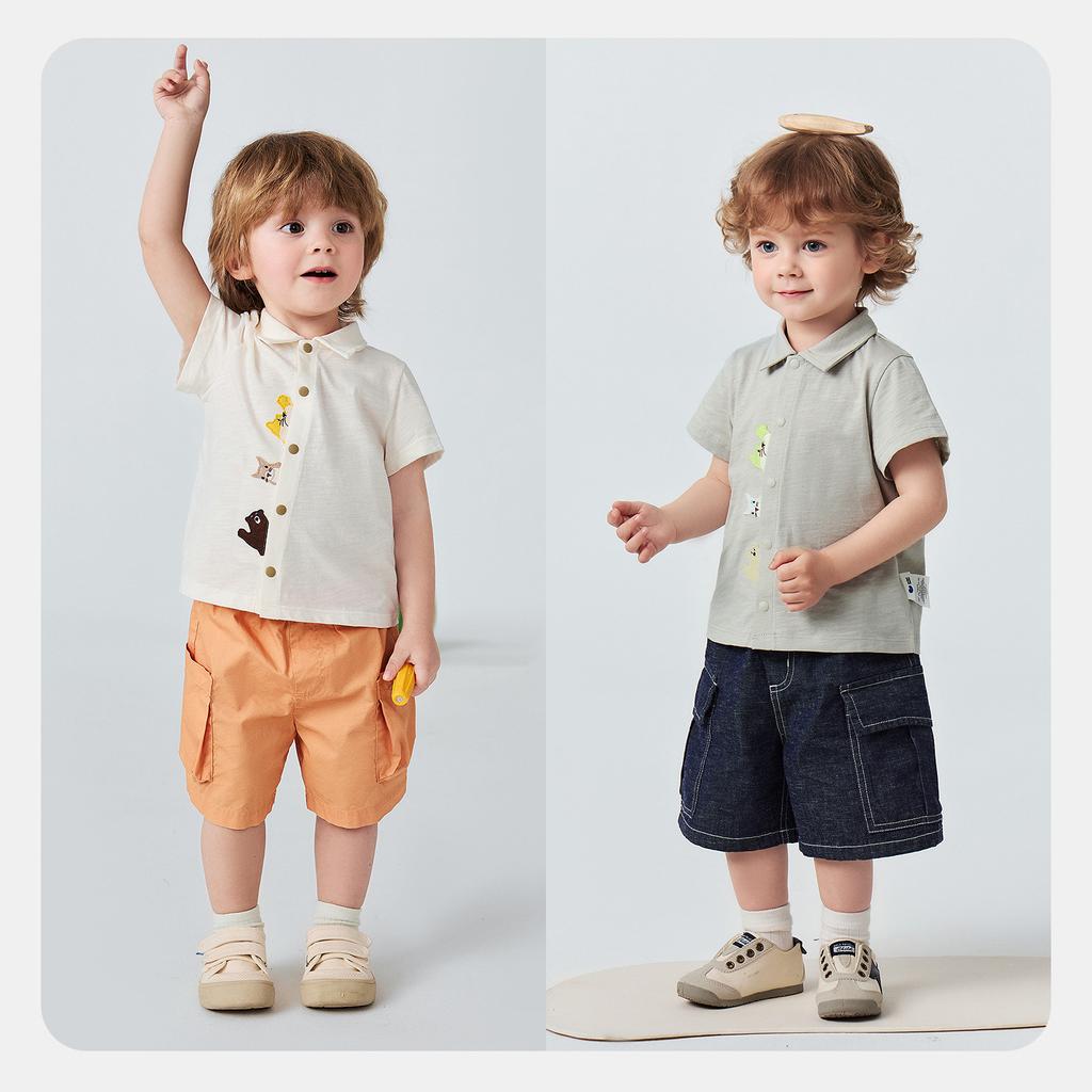 [Bamboo Cotton T] Mini Balabala Boys' Short Sleeved Shirt with Soft and Breathable Open Collar, Animal Open Collar Top for Summer