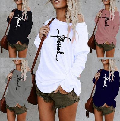 Fashion Women's Casual Tops Spring Long-sleeved Slant Collar Top Strapless Printed Loose T-shirt Comfortable and Versatile T-shirt for Ladies