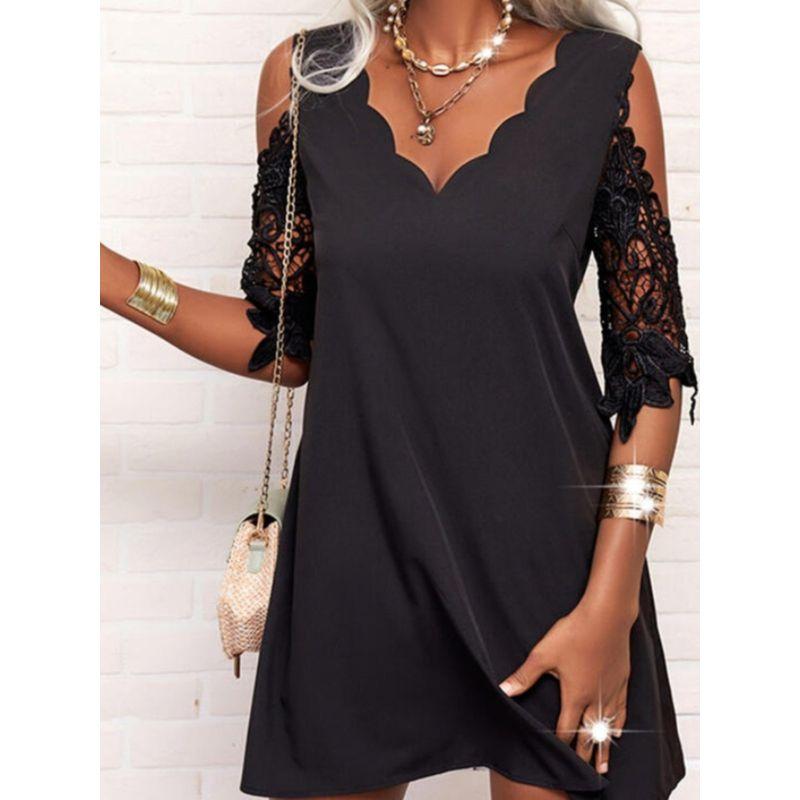 Fashion Spring and Summer New Lace V-neck Lace Patchwork off-Shoulder Backless Half-Length Sleeve Dress Black Dress