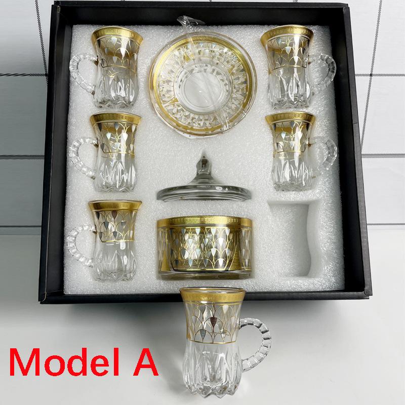 

Набір з 12 предметів, чашка для турецького чорного чаю, скляна чашка та блюдце з золотим обідком у близькосхідному арабському стилі, набір для чаю та кави для домашньої вечірки 12pcs-set