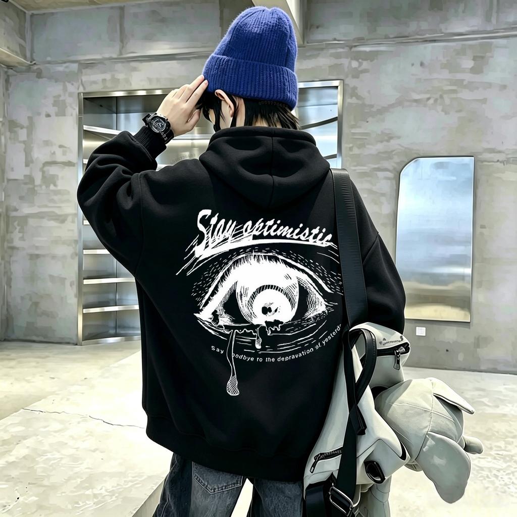 Latest style French pattern eye design children's hooded pullover sweatshirt with long sleeves and loose fit for boys and girls