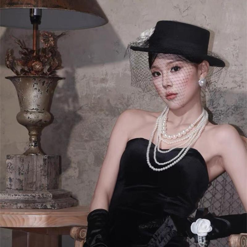 French Elegant Camellia Veil Hat Retro British Velvet Flat Hats Dinner Party Headwear Bride Wedding Hair Accessories