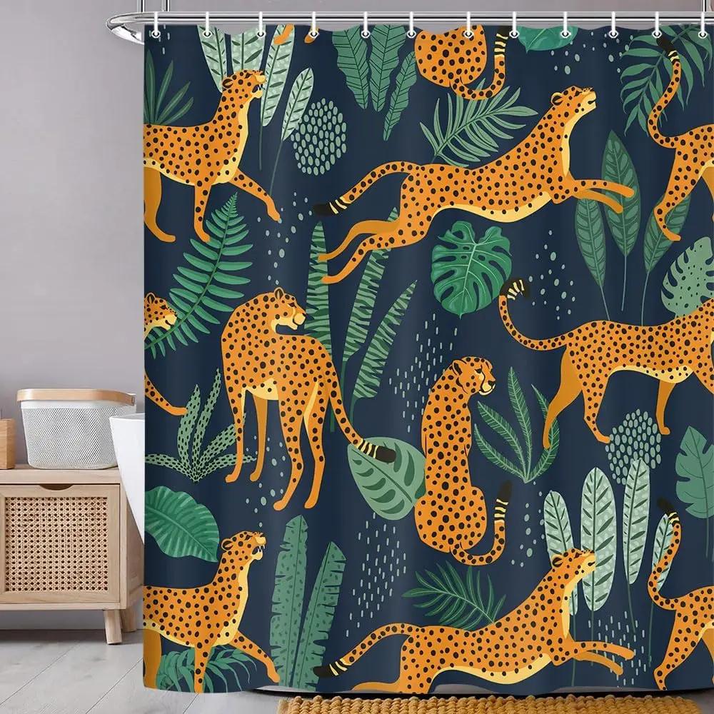 Leopard Fabric Shower Curtain, Tropical Animal Cheetah Shower Curtain For Bathroom, Pink With Hook 180X180Cm