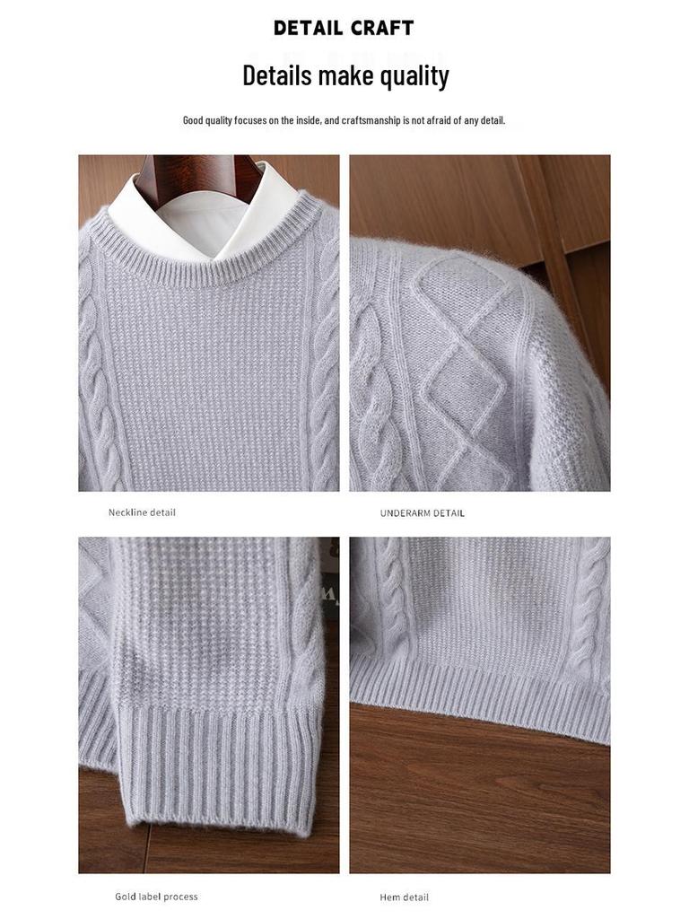 Men's Jacquard Knit Cashmere Sweater, Round Neck, Thickened for Autumn and Winter, Solid Color, Versatile Base Layer.