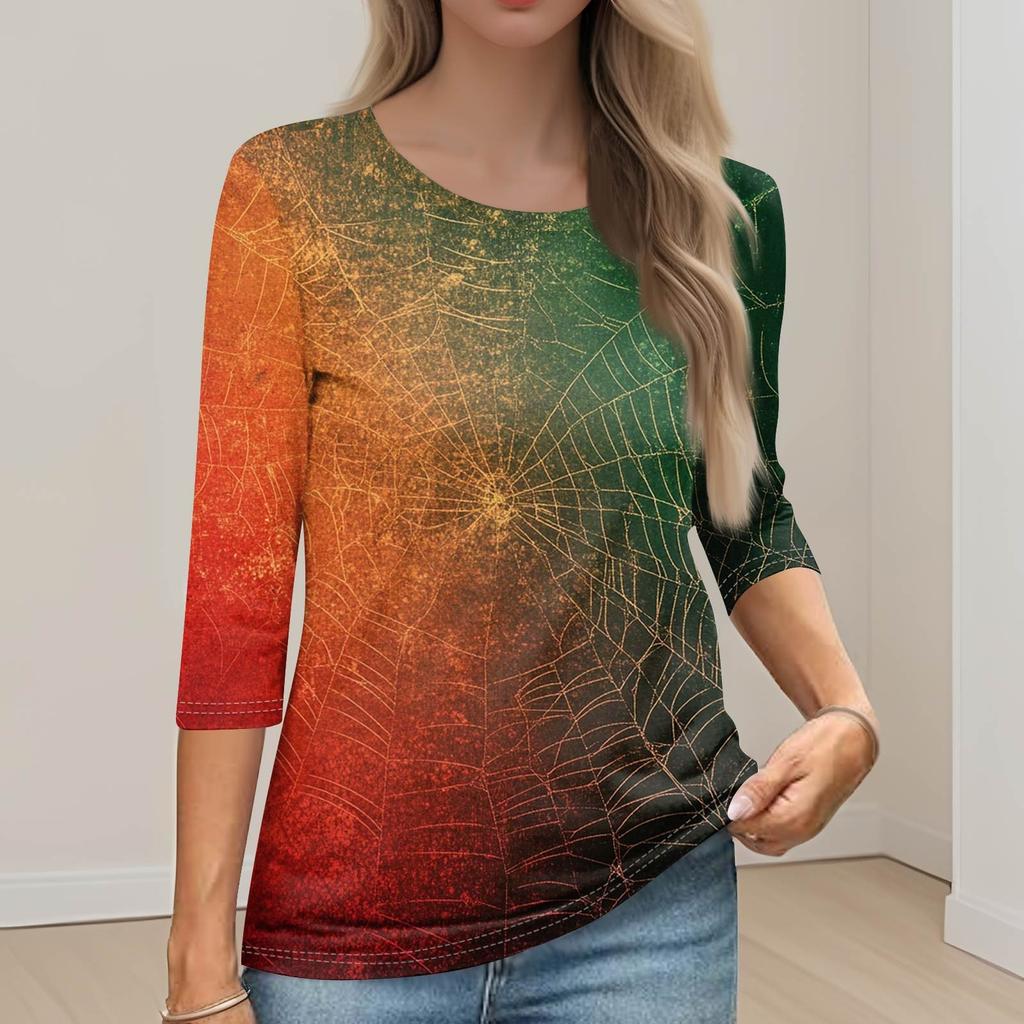Women's Fashion Casual Round Neck 3/4 Sleeve Loose Printed T-Shirt Ladies Top