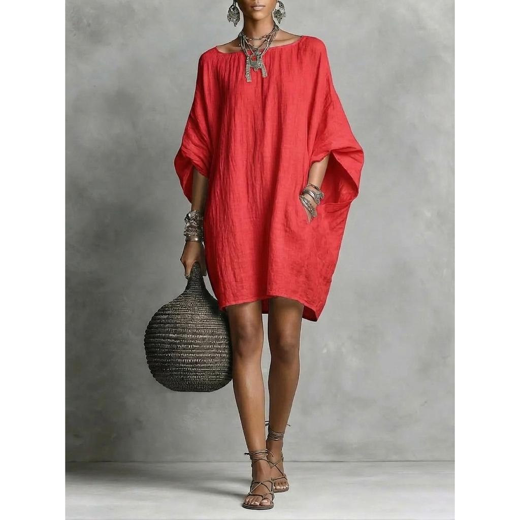 Moda Casual Estiva Maglia Pipistrello Vestito Largo Donna Scollo O Manica Tre Quarti Tasca Mini Vestito Donna Vestito per Festa Vacanze