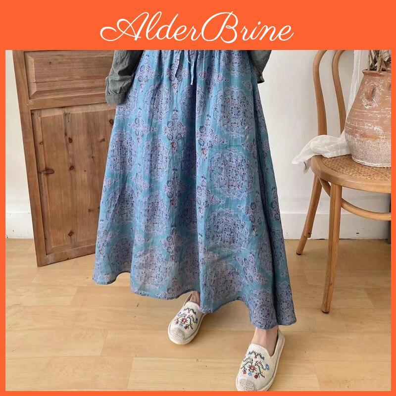 Waist Johnature Elastic Print Vintage All Match Women Skirts Autumn Blue Loose Tie Skirts