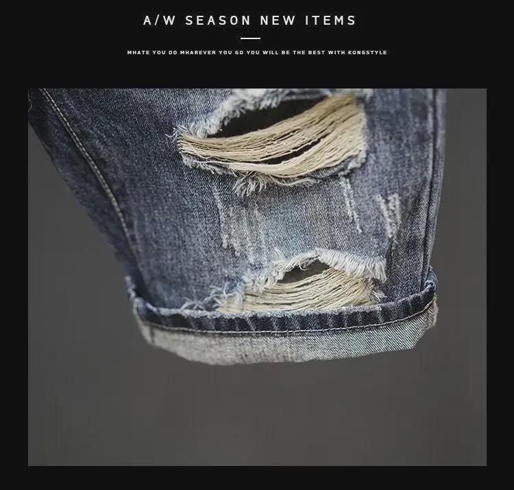 Pánské retro džínové šortky s trháním v japonském stylu: Letní trend, Rovný střih, Ležérní móda, Střední délka.