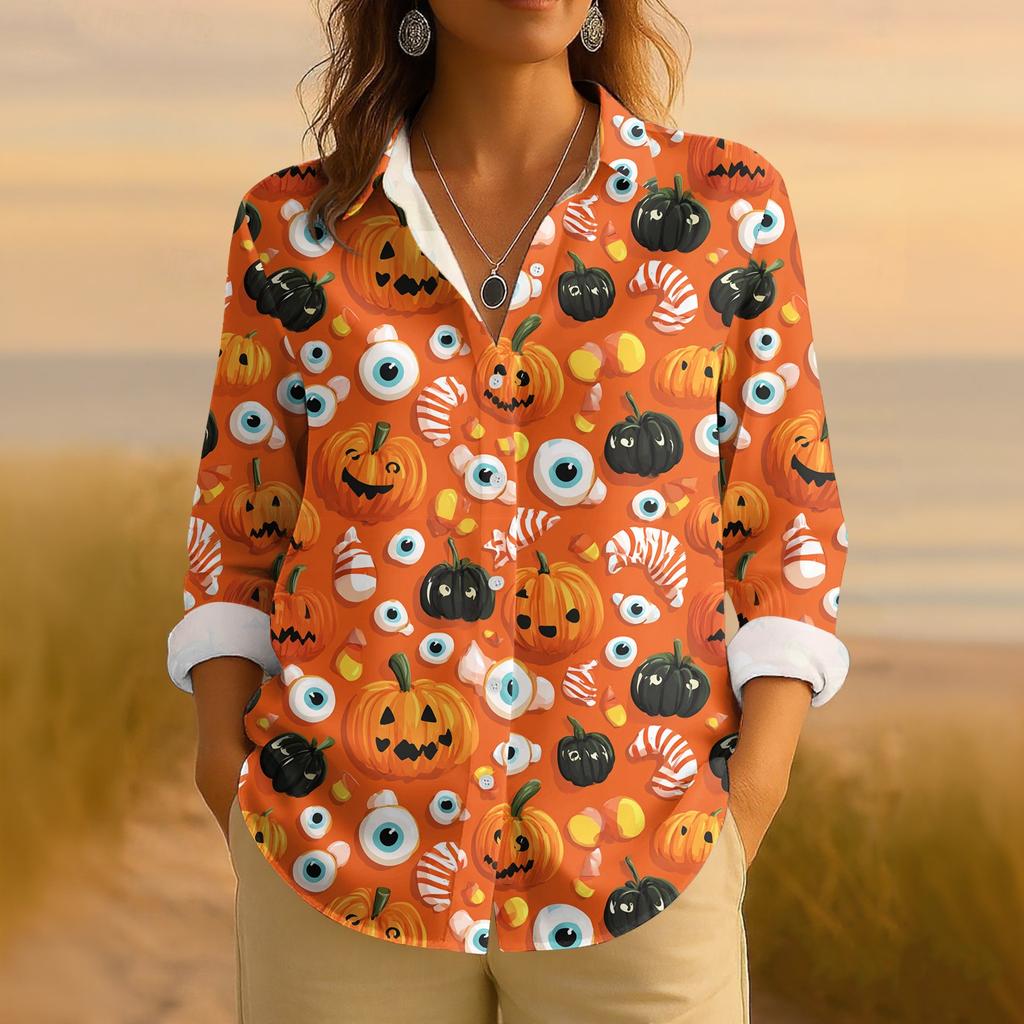 Dámská retro halloweenská potištěná košile s dlouhým rukávem na knoflíky, ležérní top s klasickým límečkem