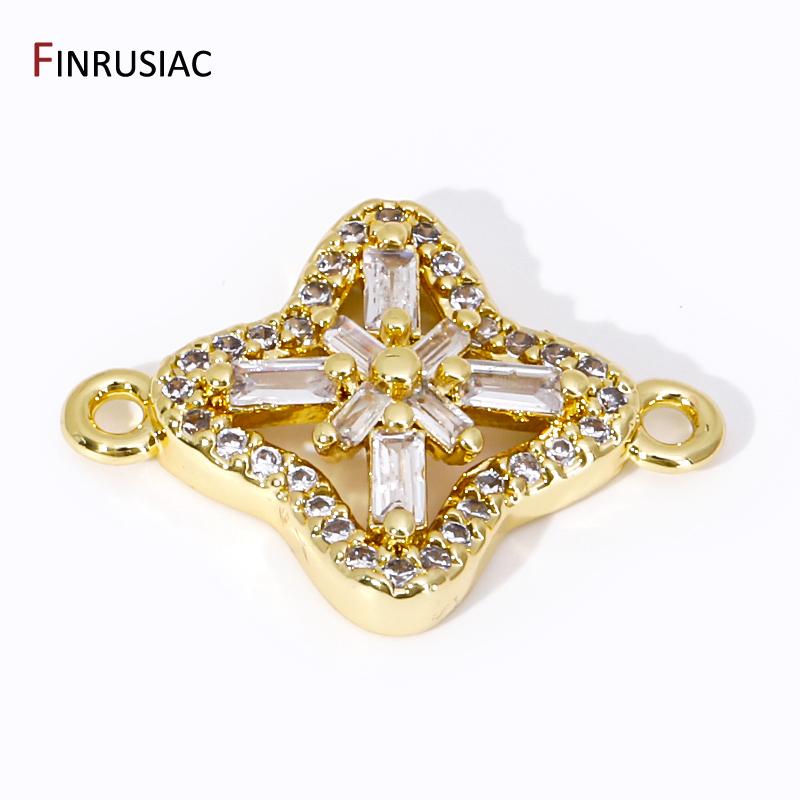 18K Gold Plated Brass Square Charm Connector,Inlaid Zircon Flower Pendant Connector For DIY Jewelry Making Accessories