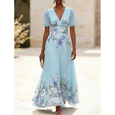 2026 Europäischer und Amerikanischer Sommer Neues Blumenkleid Damen V-Ausschnitt Taille Schlankes Kleid Chiffon Temperament Elegante Damenbekleidung