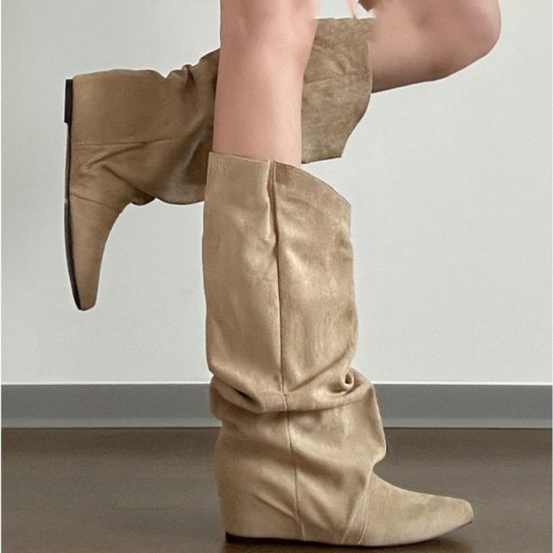 Ny Stil Dams Höst Vinter Veckade Dam Western Cowboystövlar Invändig Höjning Riddar Ankelstövlar Zapatos De Mujer