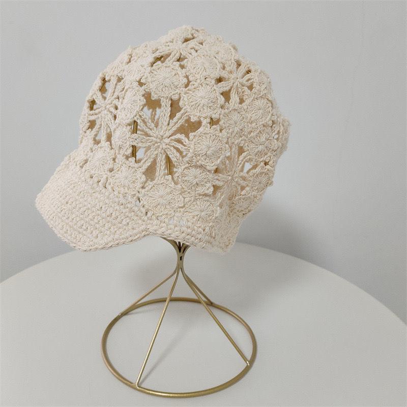 Women's Handmade Hollow Knit Visor Beanie Short Brim Face Slimming Head Wrap Hat Elegant Hair Loss Covering Cap