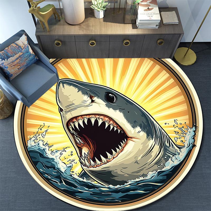 Great White Shark Round Area Rug,Carpet Rug for Living Room Bedroom Sofa Playroom Decor,Non-slip Floor Mat