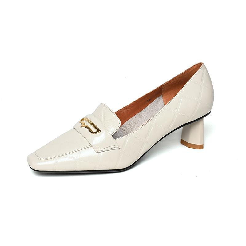 Retro Light Mouth Leather Shoes New Embossed First Layer Butter Square Head High Heels Versatile Fashion Casual Women's Shoes