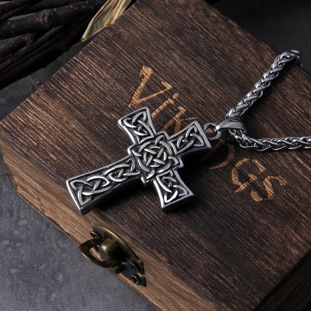 stainless steel Valknut Celtic cross pendant mens viking jewelry with stone and wooden box gift for men