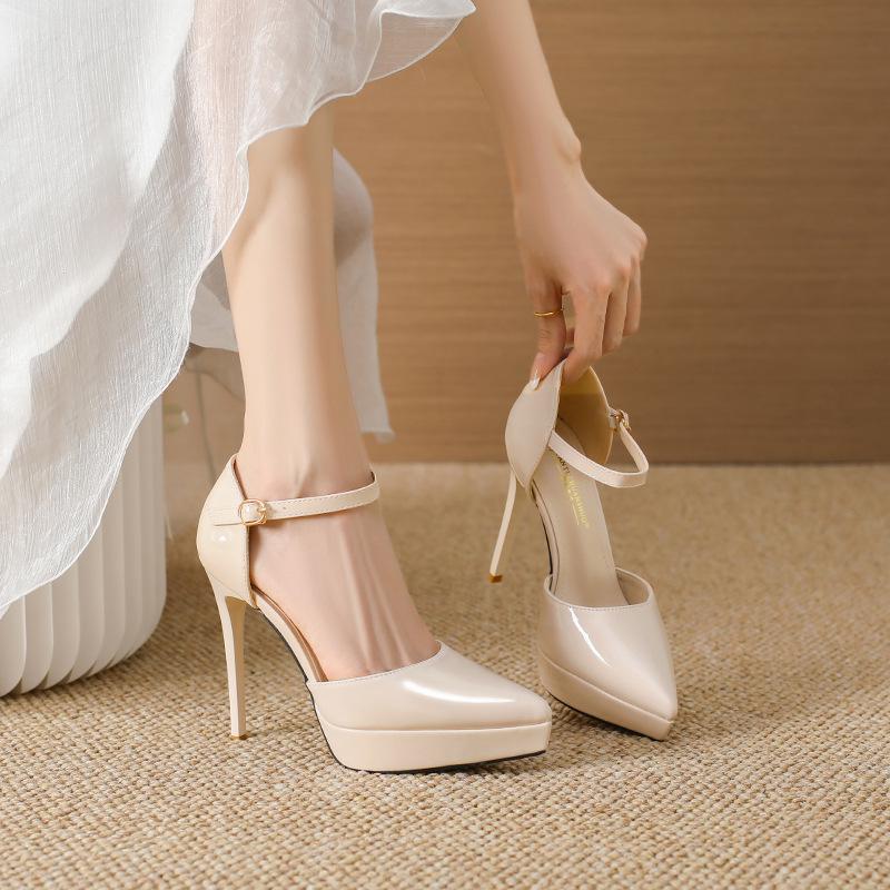 721-3 Black Patent Leather 12cm Stiletto Heels, Pointed Toe, Waterproof Platform, Fashionable Nightclub/Work Shoes for Women.