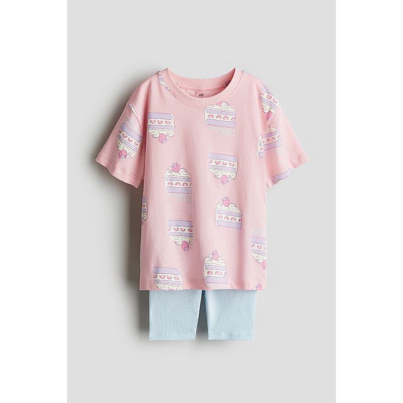 

HM Children s Clothing Girl Suit 2-Piece 2025 Autumn New Arrival Cute Comfort Printing Loose Short Sleeve Shorts 1238606