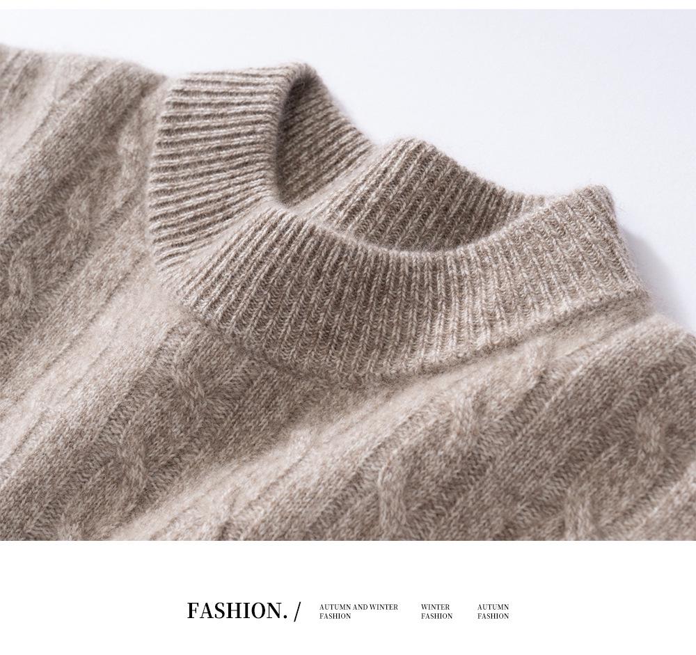 Men's Thickened High Neck Cable Knit Cashmere Sweater - Loose Fit Casual Autumn/Winter Top