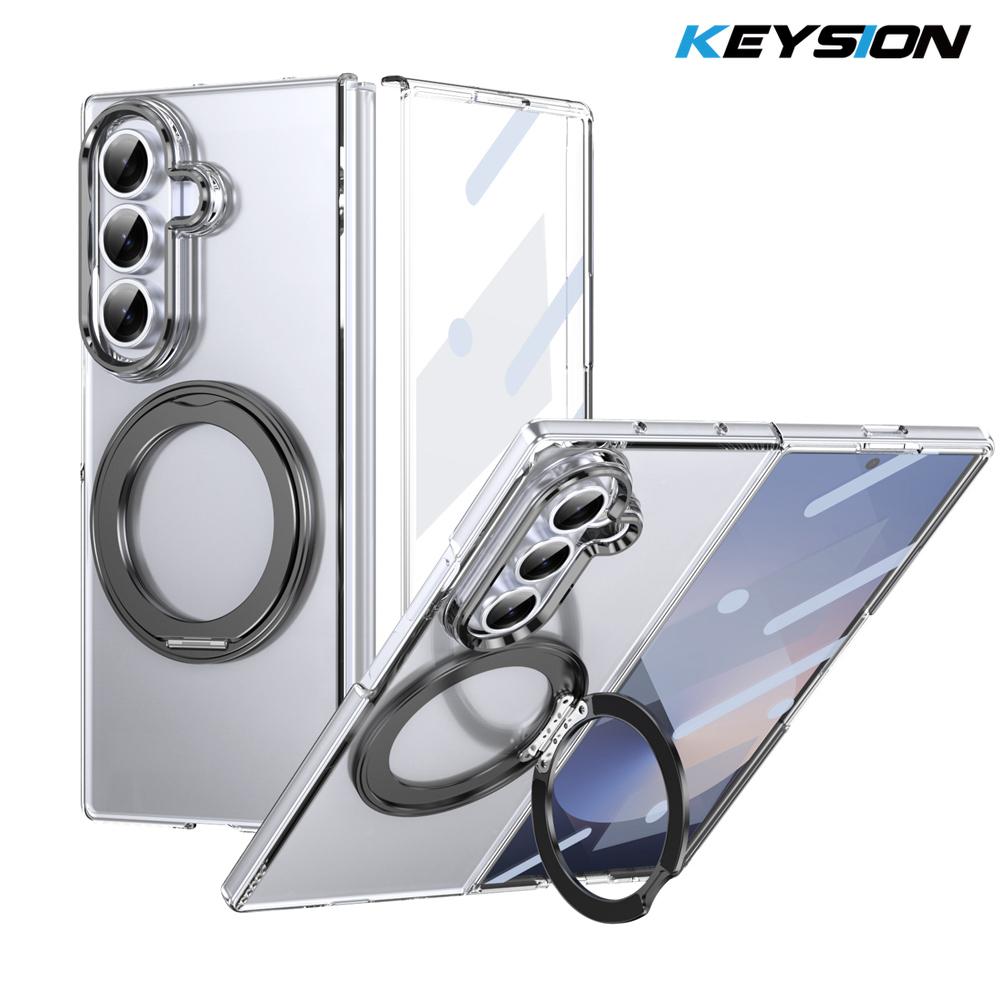 KEYSION 360° Rotating Magnetic Ring Stand Case for Samsung Galaxy Z Fold 7 5G Transparent PC Phone Cover with Screen Protector