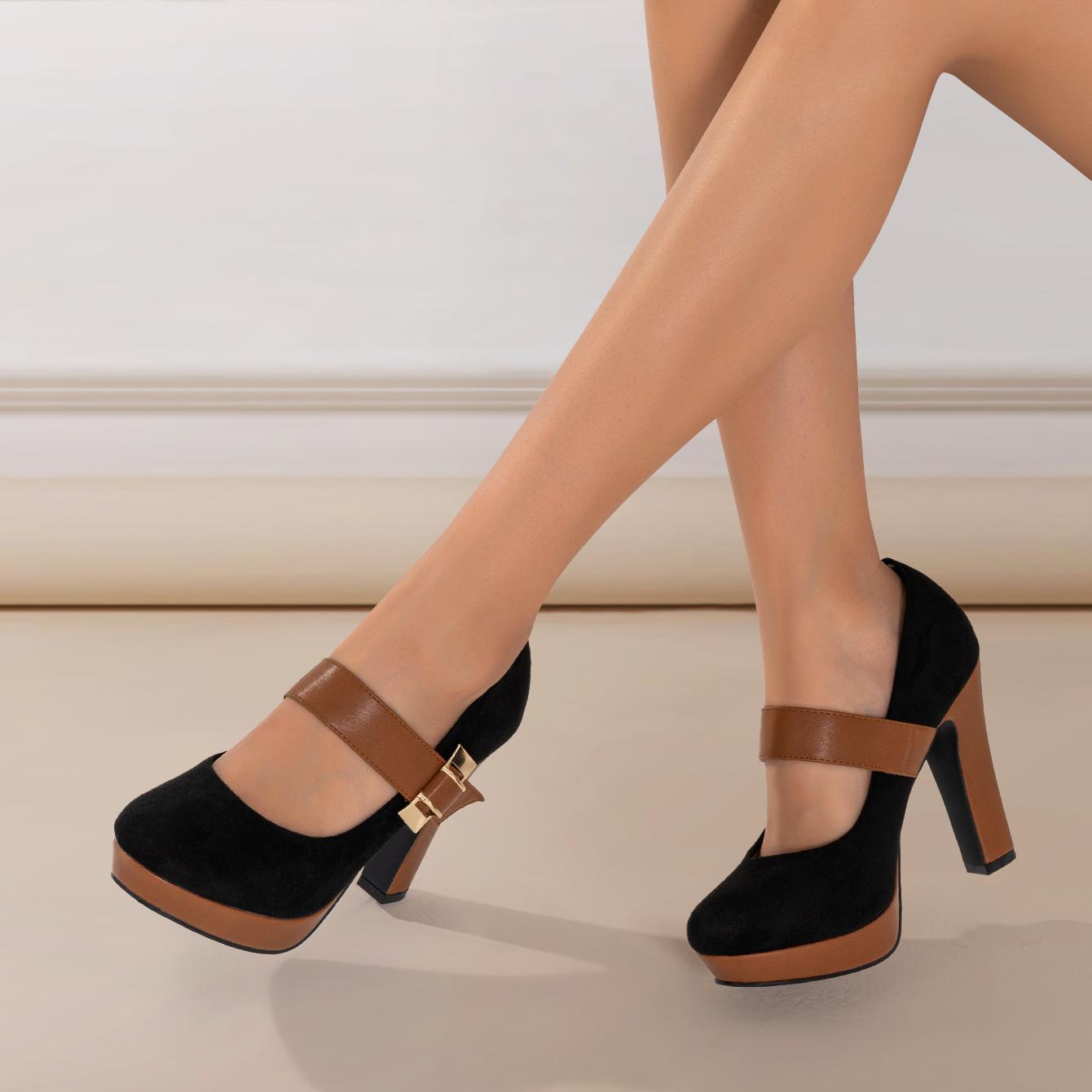 

Женские туфли-лодочки на высоком каблуке в стиле ретро с круглым носком, туфли на платформе с блочным каблуком и пряжкой, женская обувь Size 42 чёрный